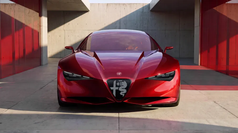 Concept car Alfa Romeo, design rouge vif, stationné dans un environnement architectural moderne.