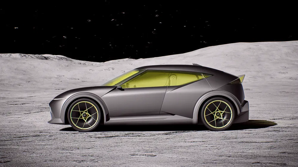 Futuristische grijze elektrische conceptauto op maanscape.