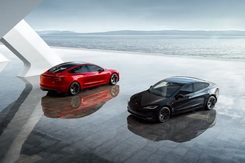 Deux Tesla Model S surplombant une vue océanique moderne.