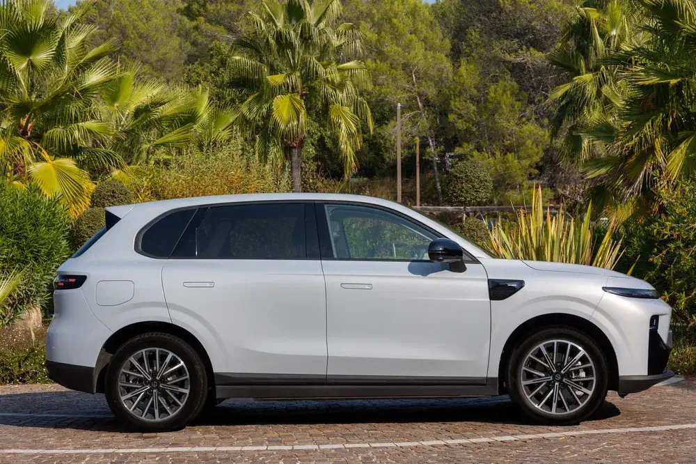 SUV blanc moderne stationné devant des palmiers luxuriants dans un paysage verdoyant.