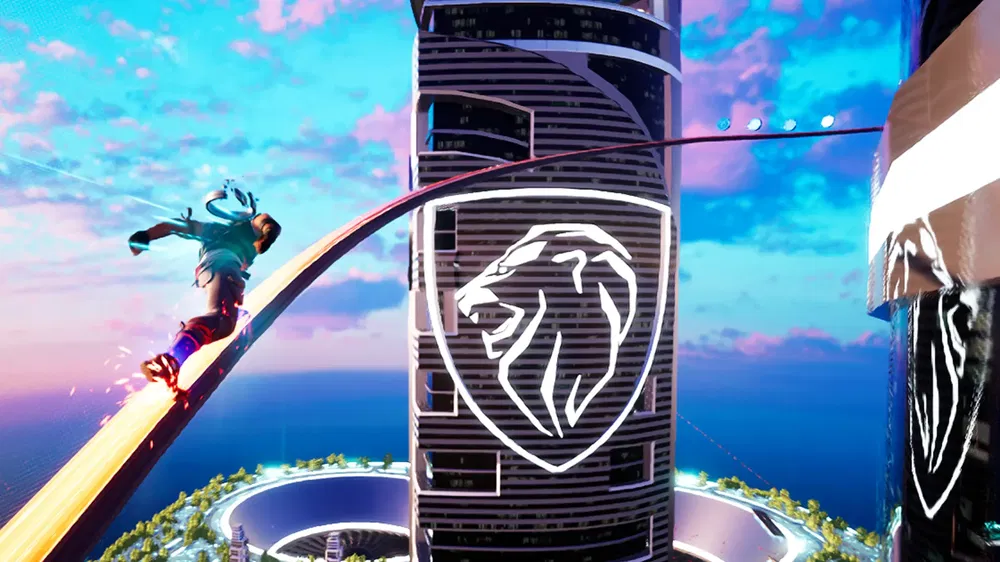 Dynamische illustratie van een skateboarder voor een futuristisch gebouw met verlicht leeuwenlogo.