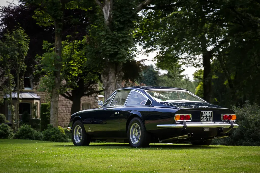 Donkerblauwe klassieke Ferrari 365 GT 2+2 geparkeerd op groen gras, omringd door bomen.