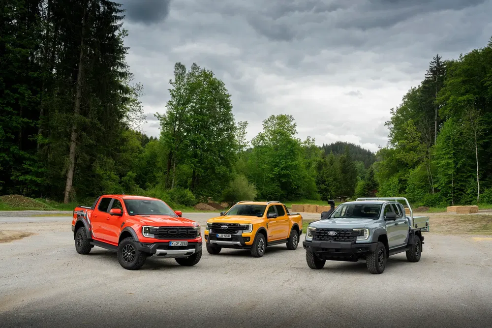 Trois Ford Ranger colorés garés sur un terrain, entourés de forêts luxuriantes.