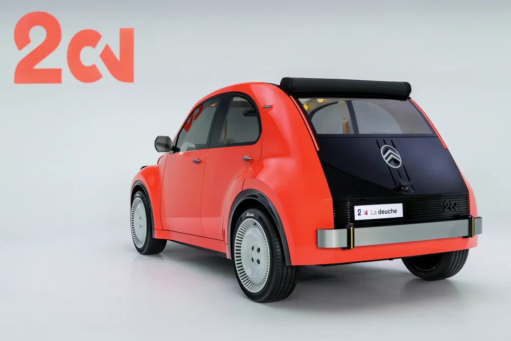 Illustration de la Citroën 2CV moderne rouge avec toit noir et logo distinctif.
