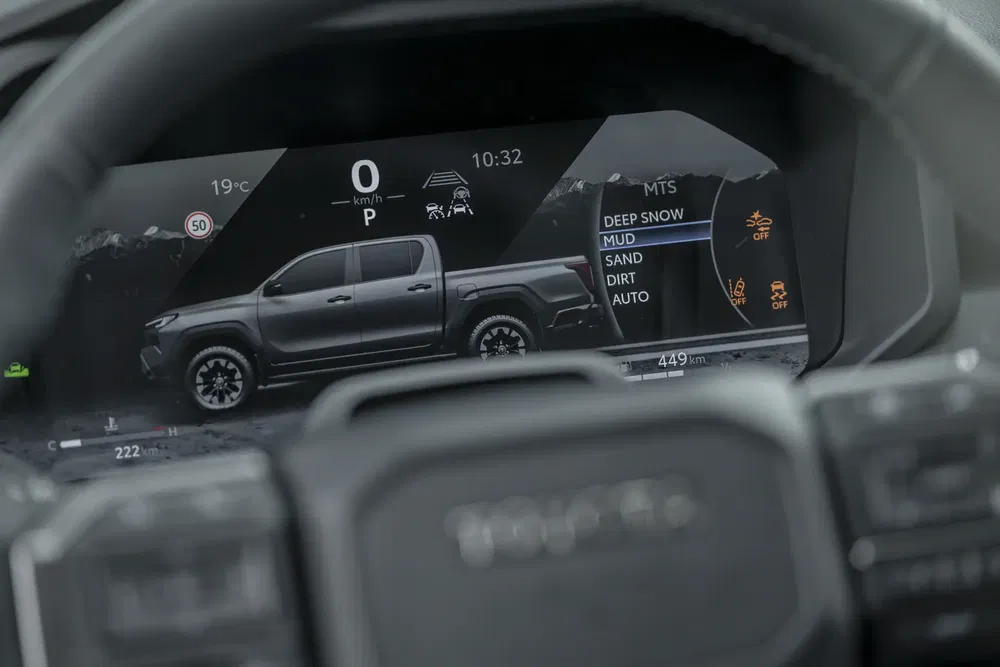 Écran tableau de bord Toyota Hilux affichant modes de conduite tout-terrain, y compris neige et boue.