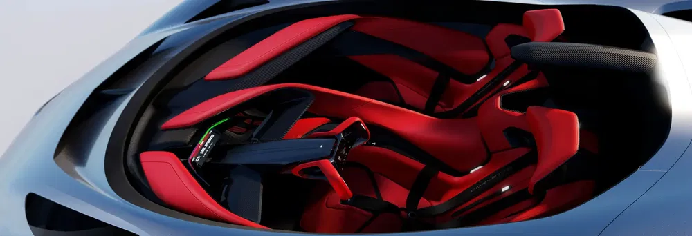 Intérieur de voiture futuriste avec sièges rouges et design minimaliste high-tech.