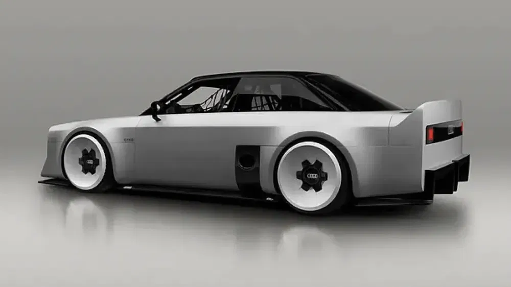 Retro-futuristische Audi conceptcar met sportief ontwerp en opvallende Audi-logowielen.