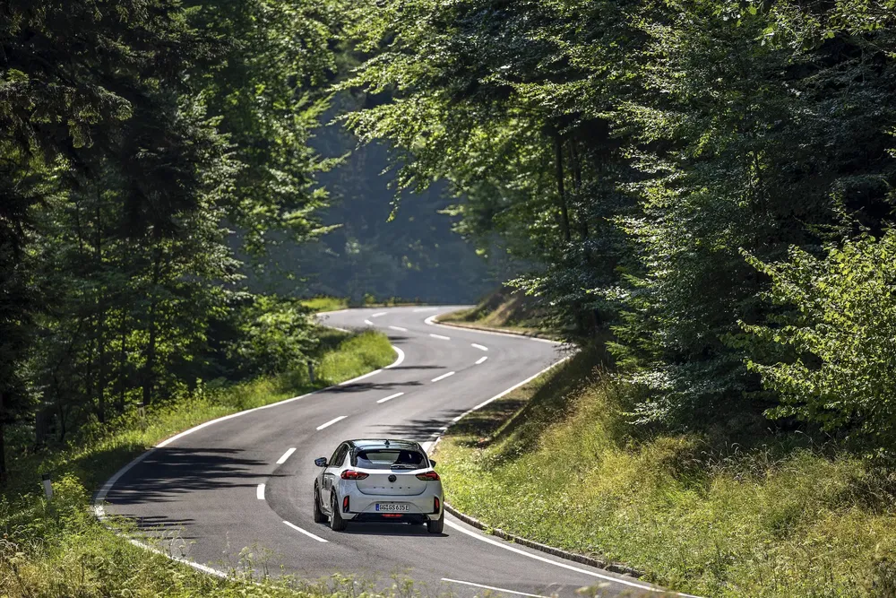 Hyundai i30 N conduit sur une route sinueuse entourée de forêt dense en été.
