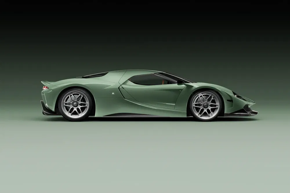 Hypercar Alfa Romeo SZ vert olive avec design aérodynamique profilé et jantes argentées.