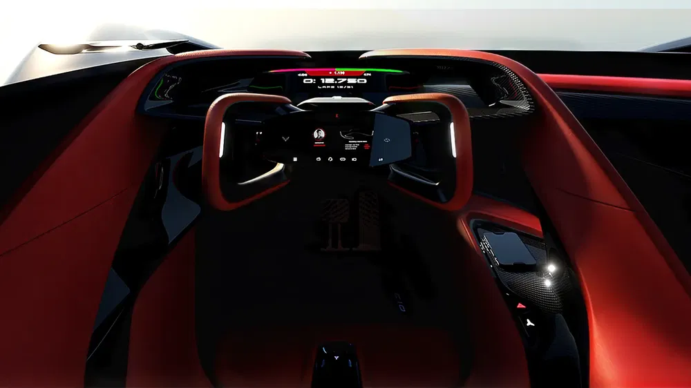 Intérieur futuriste de voiture de sport avec volant innovant et tableau de bord numérique.