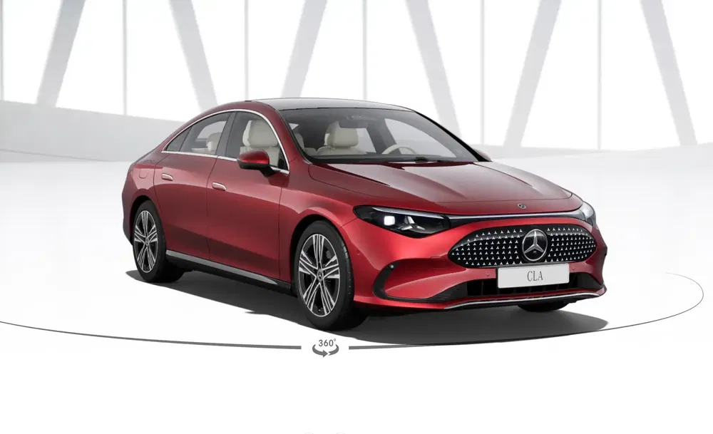 Rode Mercedes-Benz CLA, elegante sedan met sportief design in een moderne omgeving.