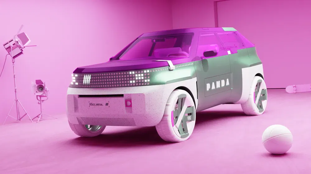 Concept car Fiat Panda 3D rose et vert dans un studio moderne avec éclairage professionnel.