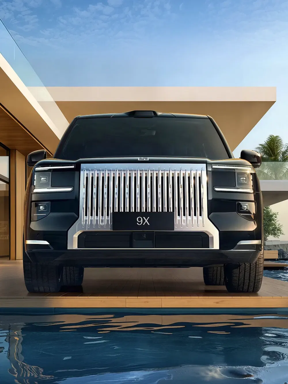 SUV 9X noir avec calandre chromée, stationné devant une maison moderne près de la piscine.