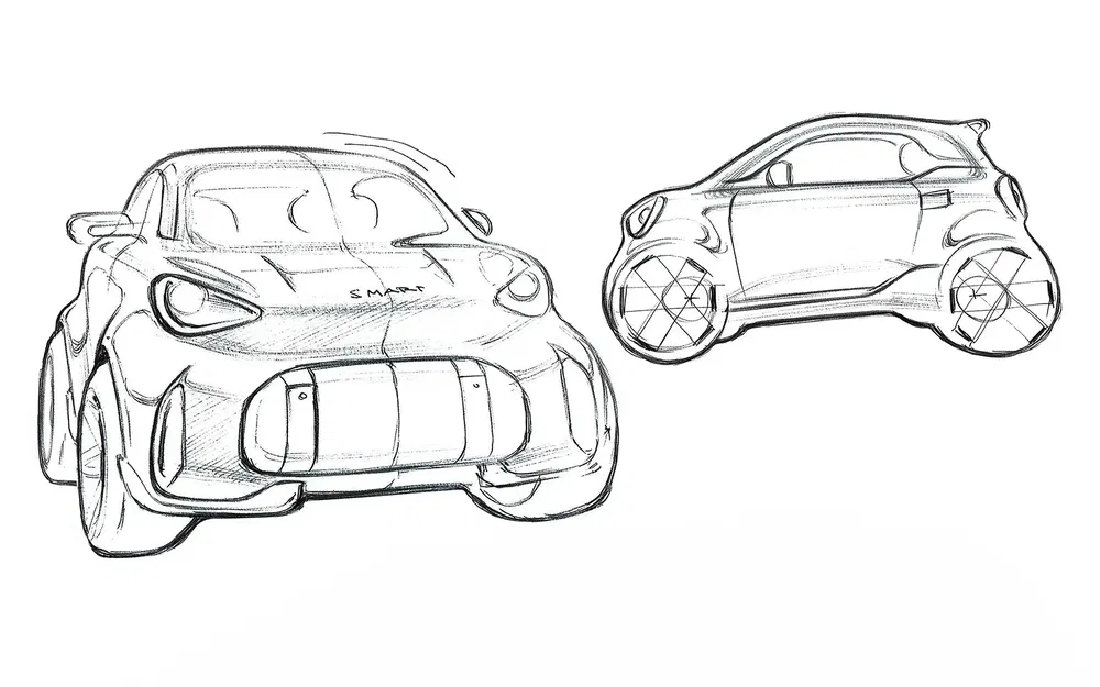 {"fr":"Illustration conceptuelle de la nouvelle voiture Smart, vue de face et de côté.","nl":"Concepttekening van nieuwe Smart auto, vooraanzicht en zijaanzicht."}
