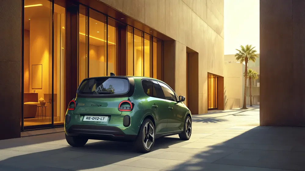 Citroën ë-C3 verte garée devant bâtiment moderne ensoleillé avec palmiers.