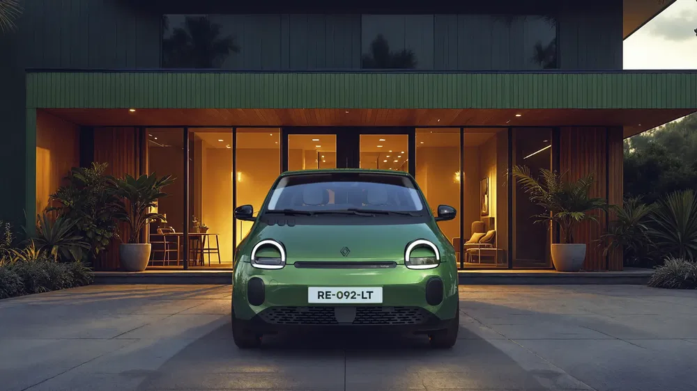 Voiture citadine verte électrifiée stationnée devant une maison moderne, éclairage de soirée apaisant.