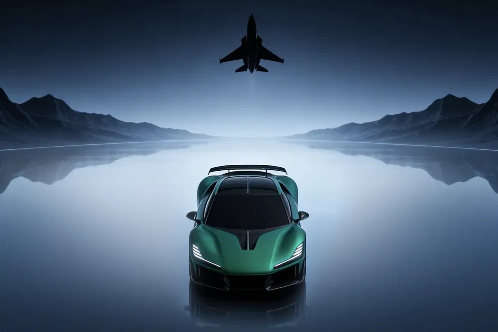 Voiture sport verte sur une route déserte avec avion à réaction survolant.