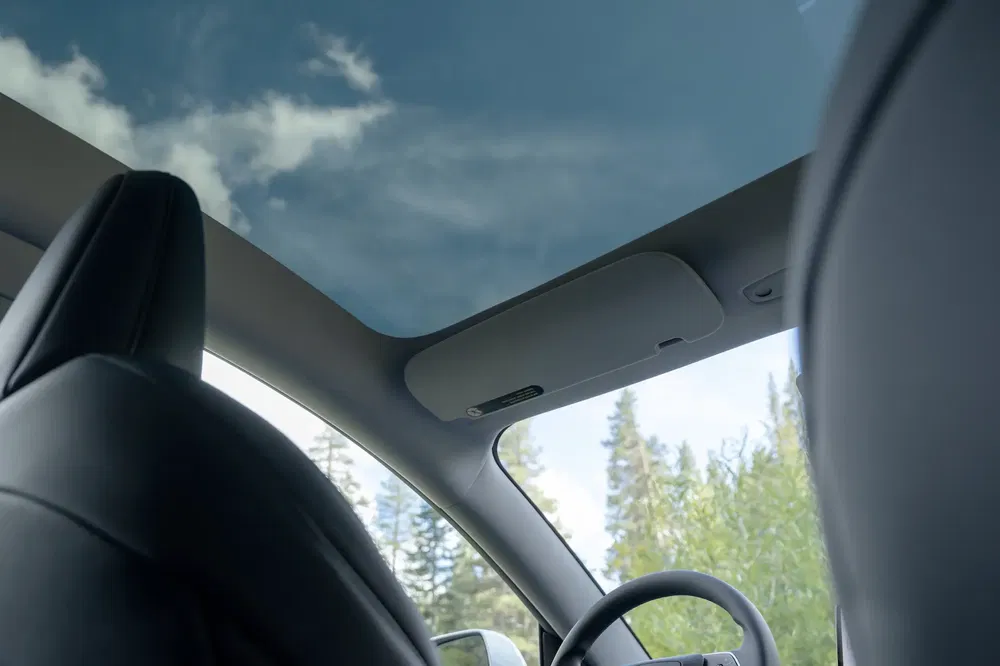 Vue du toit panoramique en verre d'une Tesla, avec ciel et arbres environnants.