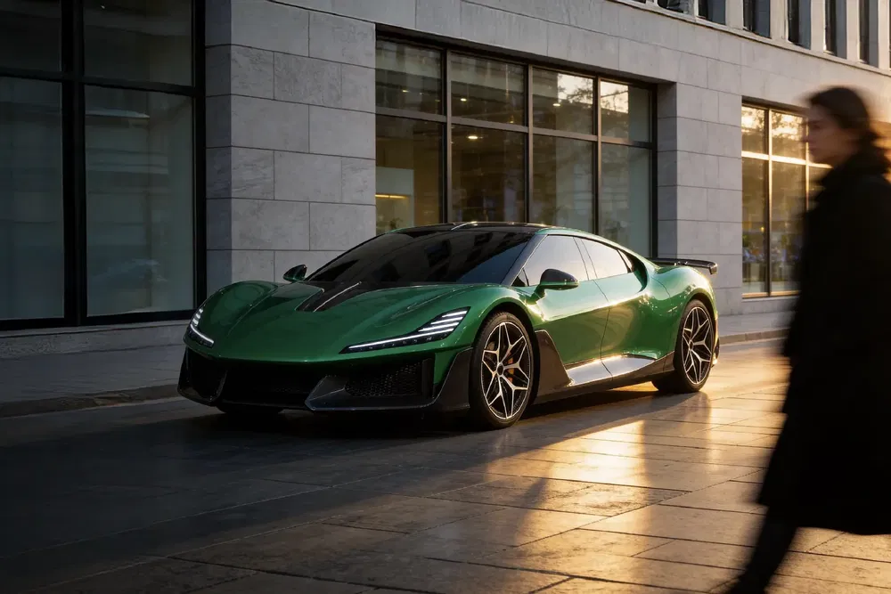 Voiture de sport verte garée devant un bâtiment moderne, silhouette de piéton flou en avant-plan.