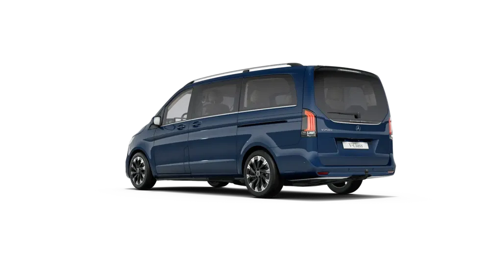 Achteraanzicht van de blauwe Mercedes-Benz V-Klasse, moderne en ruime minivan.