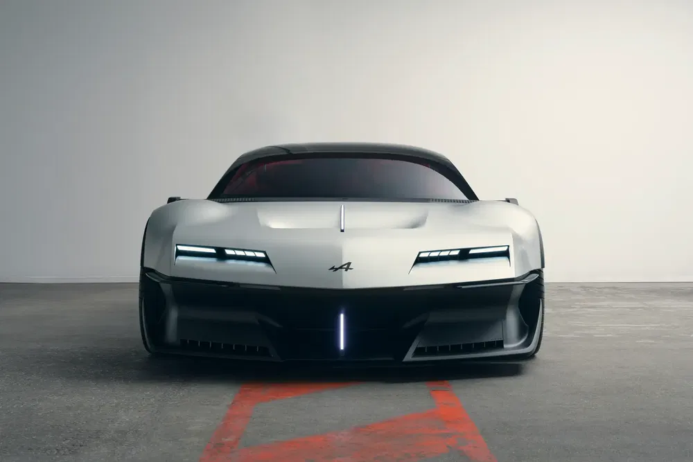 Futuristische Alpine Alpenglow conceptauto met aerodynamisch ontwerp en opvallende LED-verlichting.