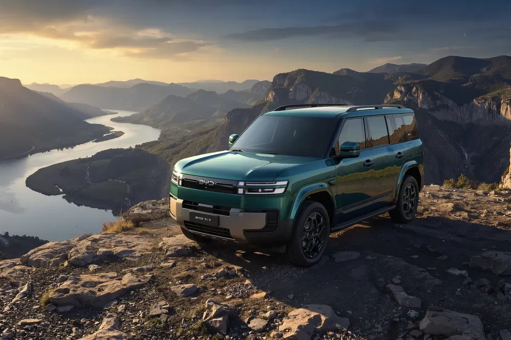 Groene BYD Frigate 07 SUV op een klif met uitzicht op een schilderachtige vallei.