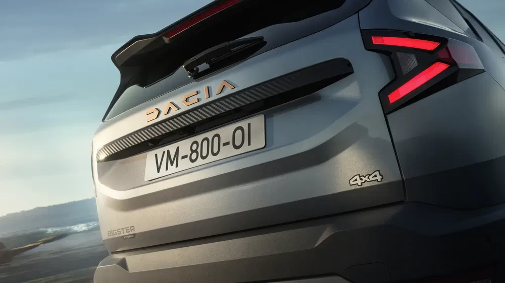 Achteraanzicht van een grijze Dacia Duster 4x4 SUV tegen een kustlandschap.