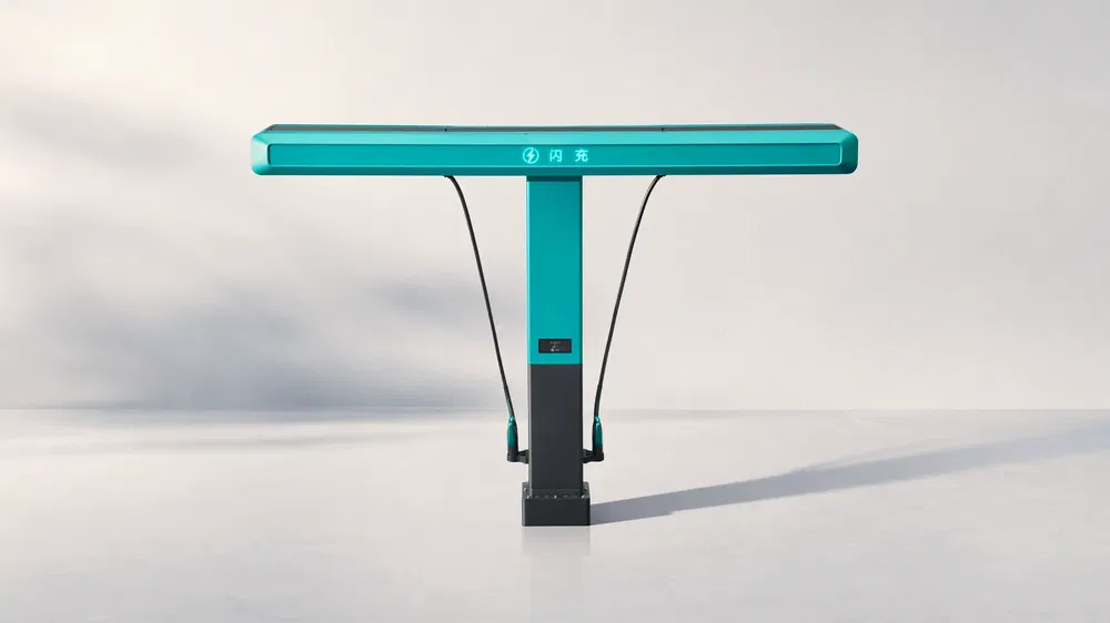 {"fr":"Borne de recharge électrique moderne et minimaliste en turquoise sur sol blanc.","nl":"Moderne en minimalistische turquoise elektrische laadpaal op een witte vloer."}