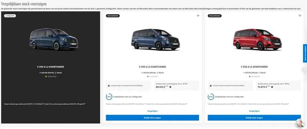 Overzicht van de Mercedes-Benz V 250 d L2 AVANTGARDE in blauw, zwart en rood, 190 pk.