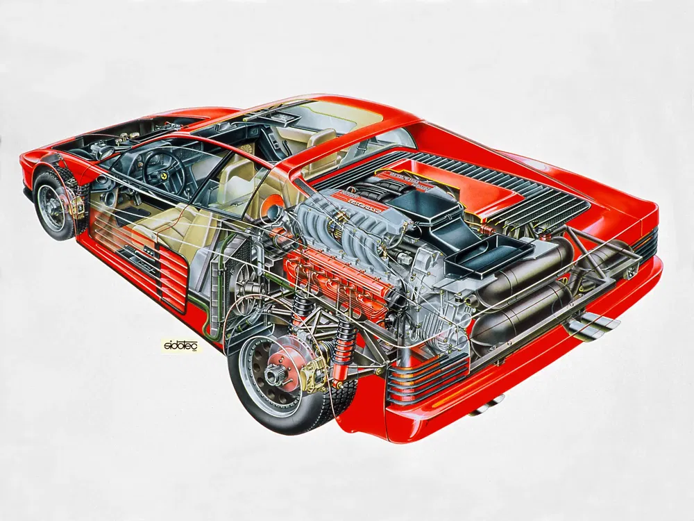 Technische tekening van een rode Ferrari Testarossa met zicht op interieur en motor.