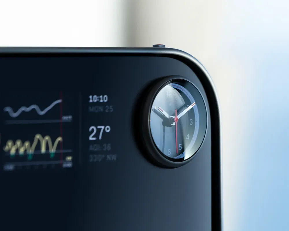 Tableau de bord numérique avec horloge analogique intégrée, affichage de la météo et des graphiques.
