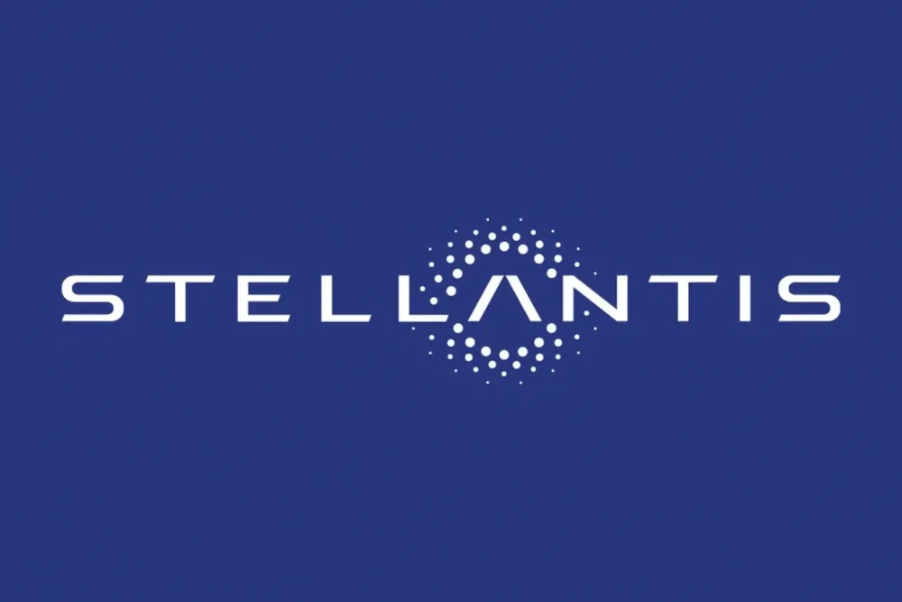 Logo Stellantis sur fond bleu avec motif circulaire blanc.