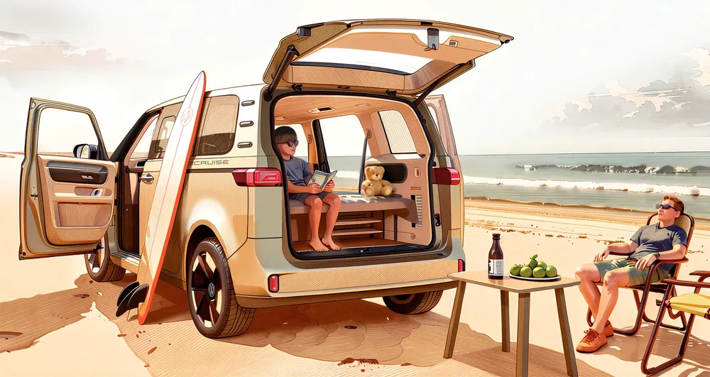 Illustration d'un van moderne sur une plage avec planche de surf et détente en famille.