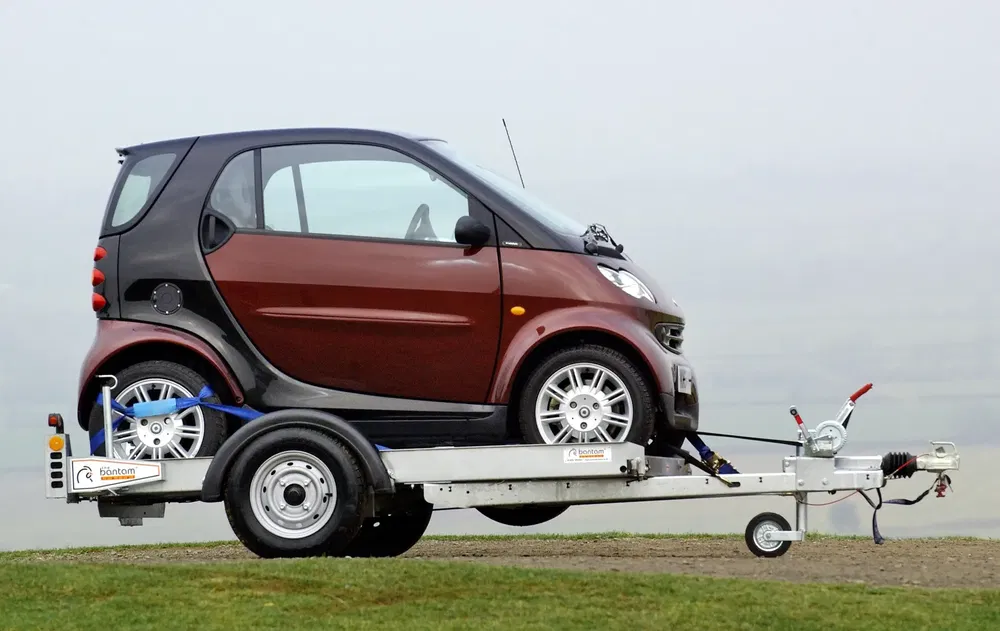 Voiture Smart brune sur une remorque sur fond de campagne brumeuse.