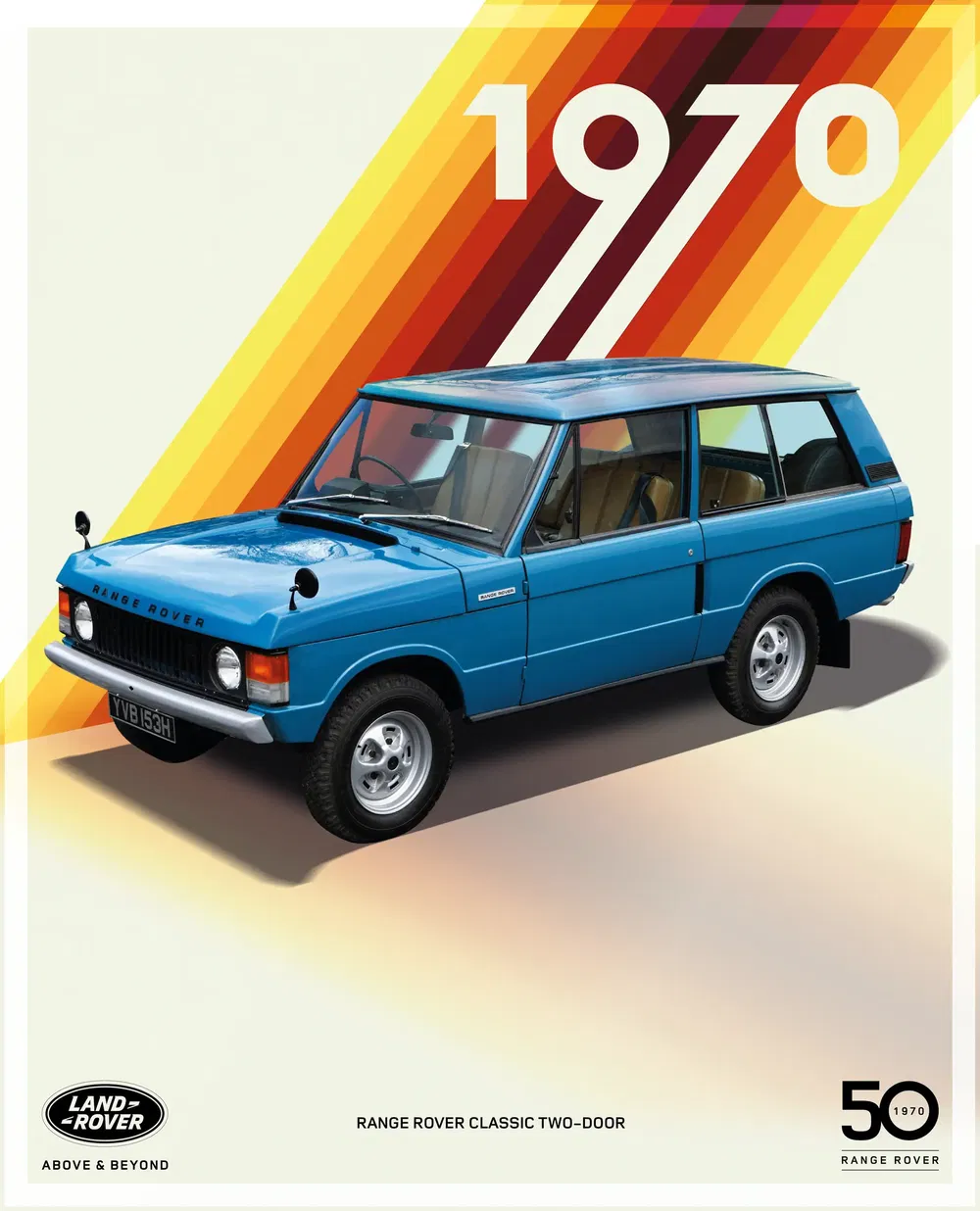 Illustration d'un Range Rover Classic deux-portes bleu de 1970 avec arrière-plan rétro.