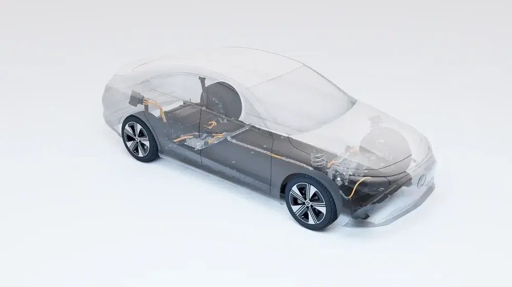 Vue coupe d'une Mercedes EQE illustrant le système de propulsion électrique.