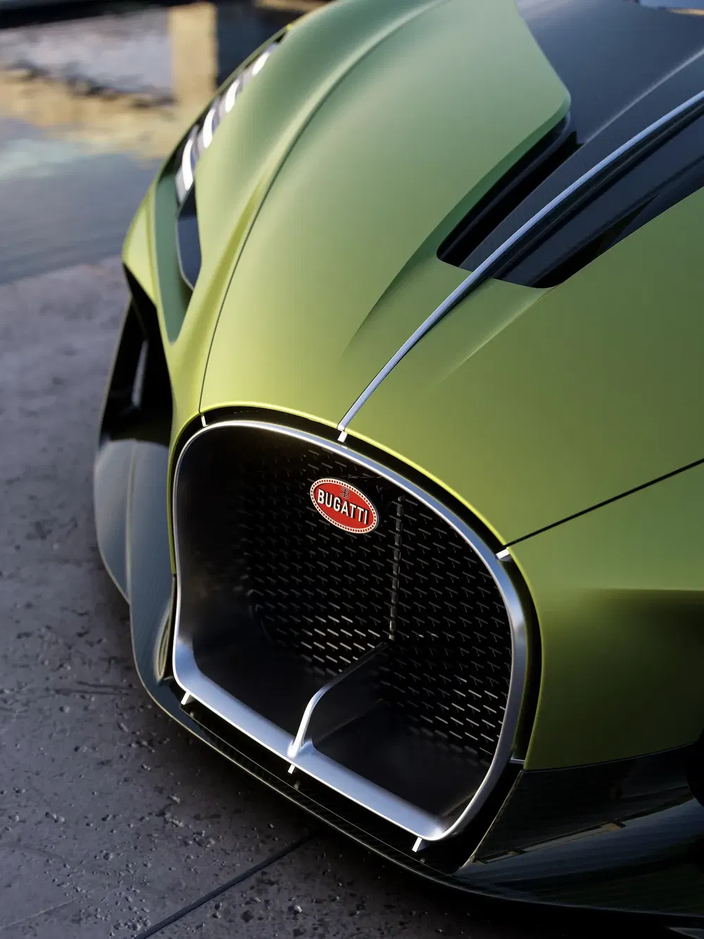 Calandre de Bugatti verte élégante avec logo distinctif, design aérodynamique moderne.