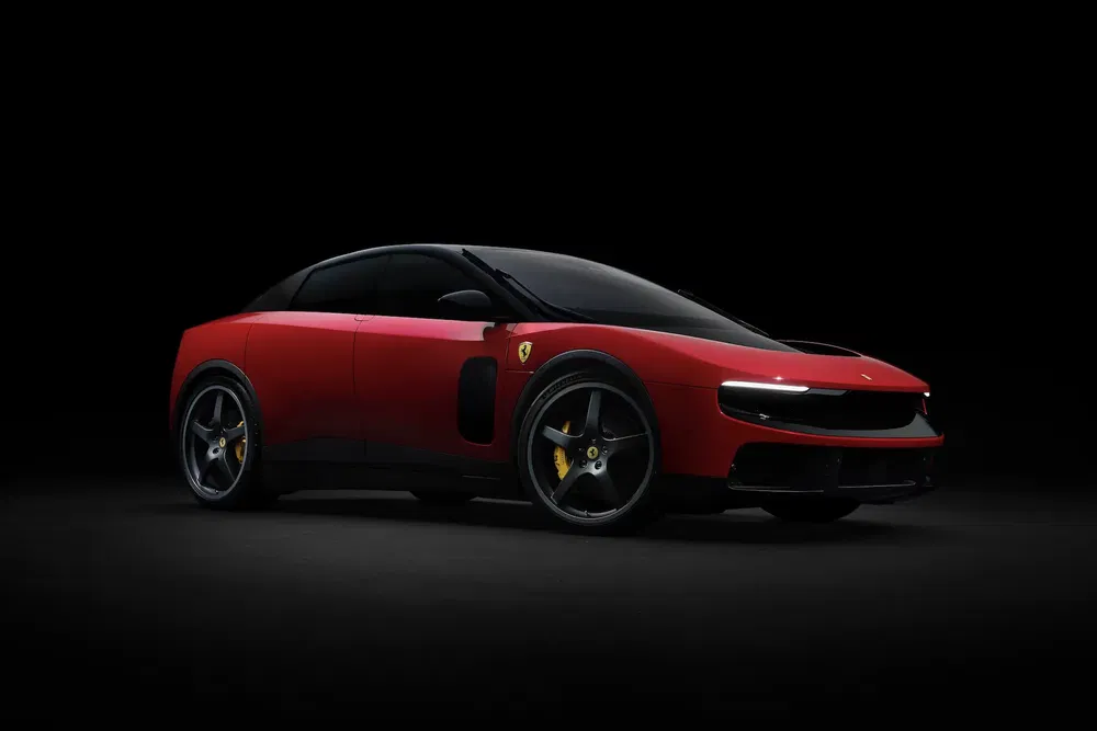 Voiture de sport rouge Ferrari stylisée sur fond noir, design moderne et élégant.