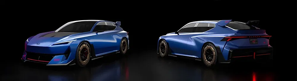 Subaru conceptauto in blauw, voor- en achterkant gezien, futuristisch aerodynamisch ontwerp.